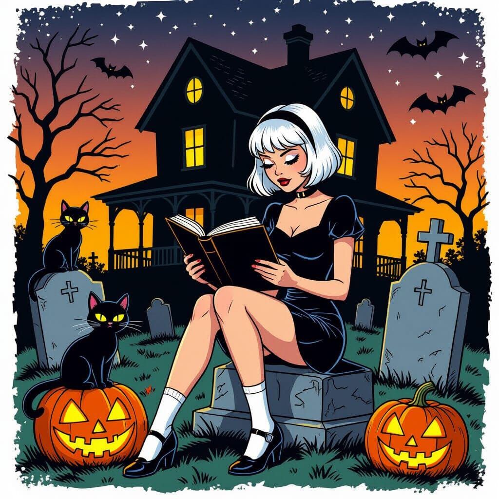 Gothic Comic Art: Woman Reading on Gravestone Near Spooky Ho...