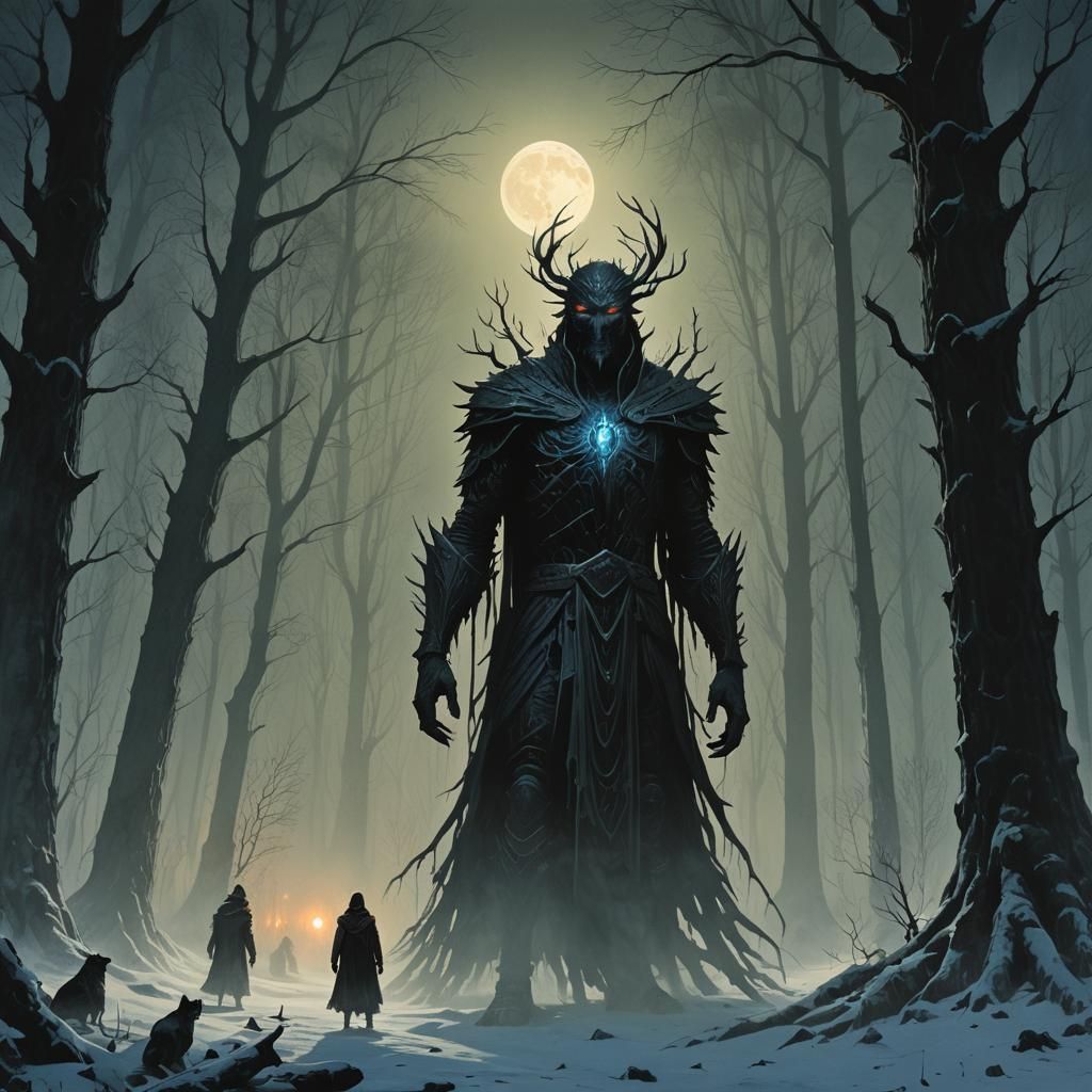 Eerie Forest Encounter in Dark Fantasy Style