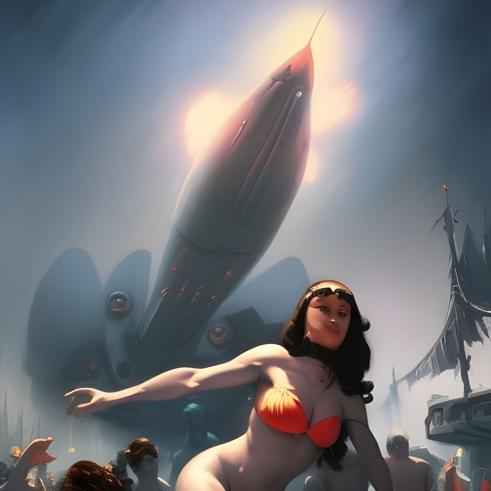 Ominous Spacecraft Over Pool Party in Dark Fantasy Style