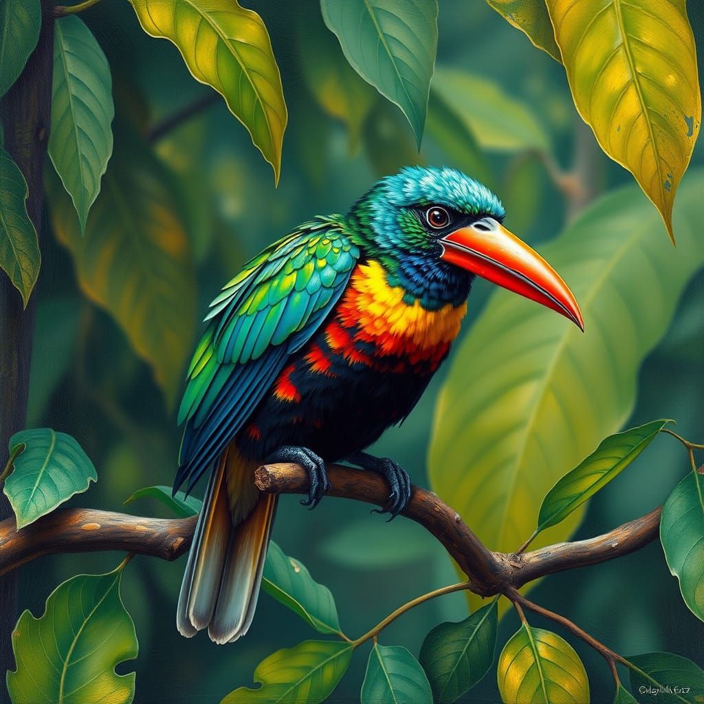 Iridescent Bird in Brasilian Rainforest, Naturalism Style
