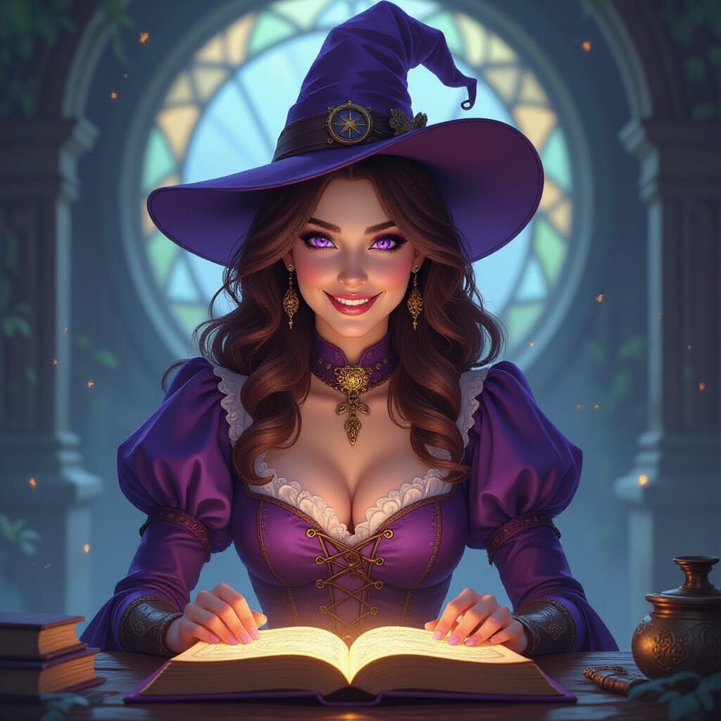 Steampunk Witch With Violet Eyes and Spell Book