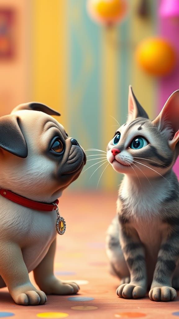 Pug Dog and Cat Face Off in Whimsical Pixar Style