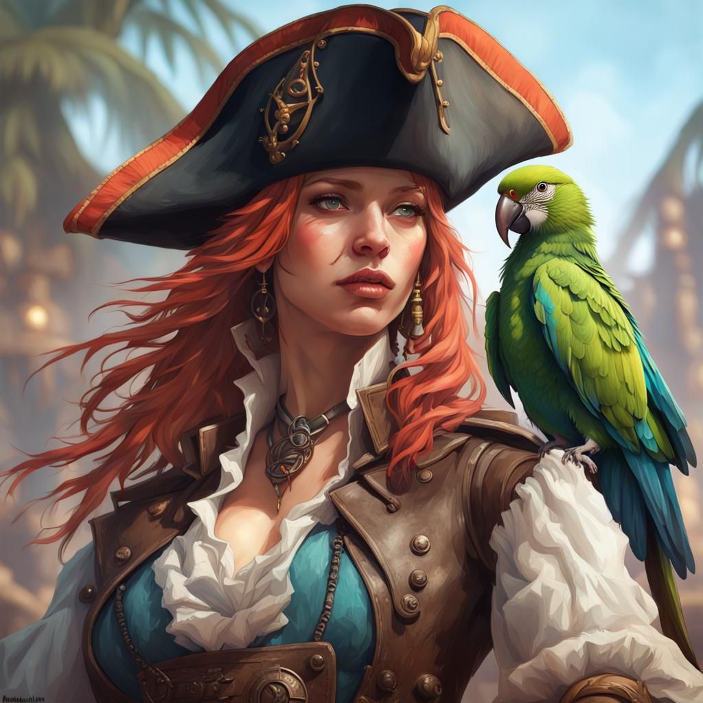 Detailed Portrait of Girl Pirate with Parrot