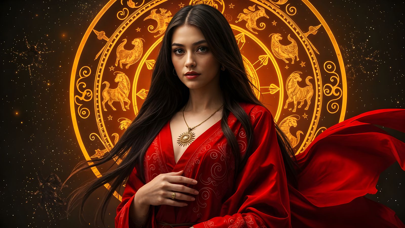 Elegant Celestial Goddess in Red, Golden, and Dark Attire, w...