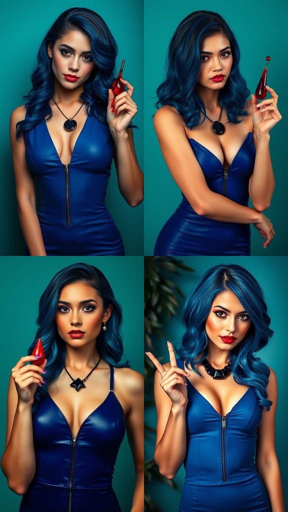 Striking Woman with Blue Hair in Teal Setting