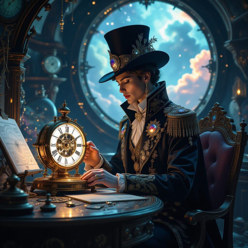 Celestial Clockmaker in Ornate Workshop, Art Nouveau Style