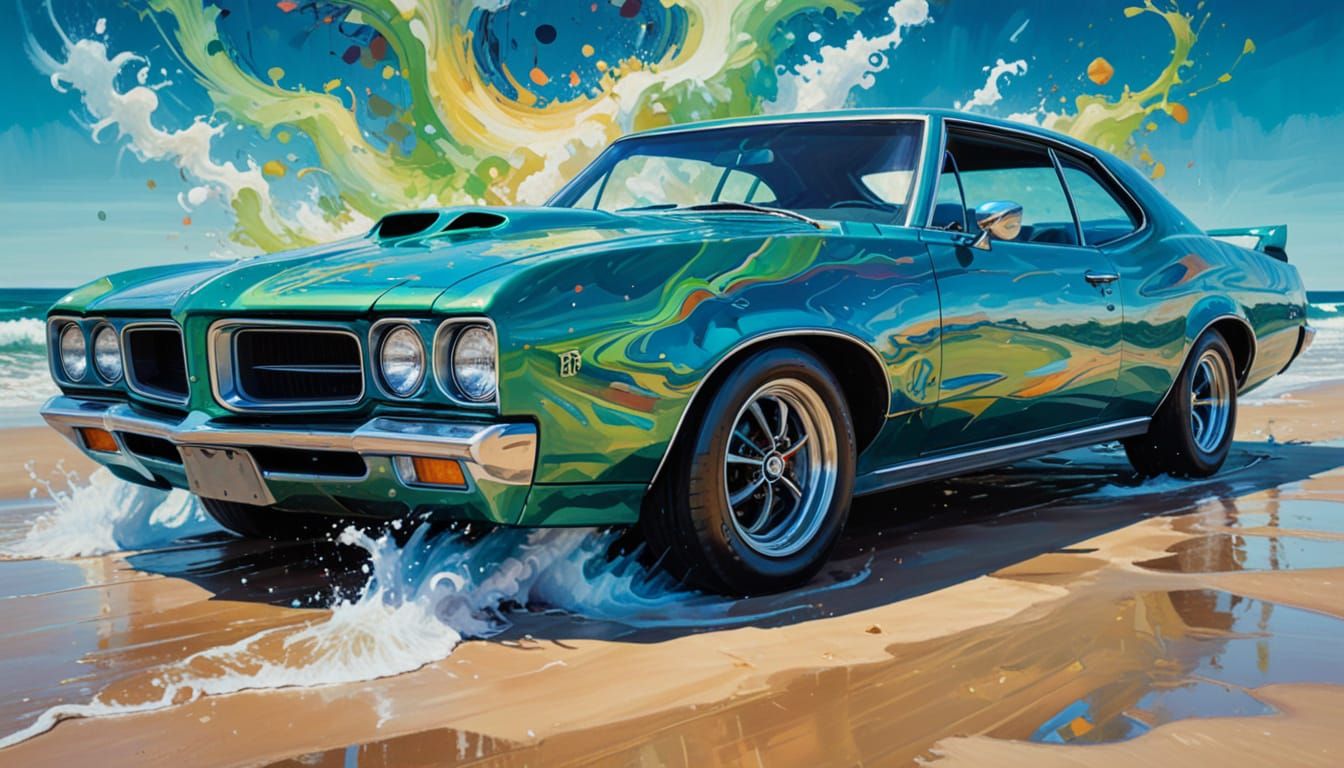 Surreal Pontiac GTO on Beach Oil Painting