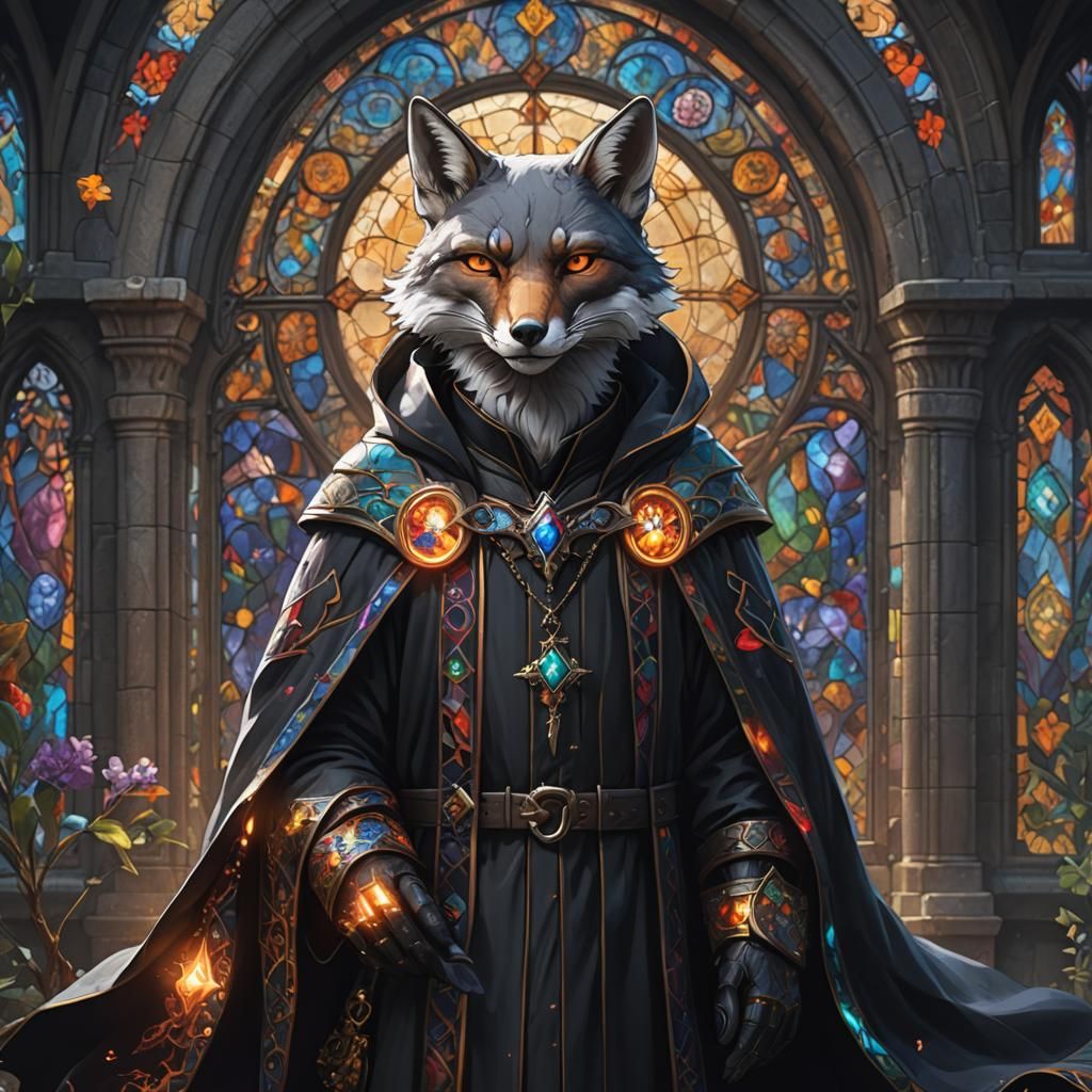 Grey Fox Wizard in Stained Glass Robes