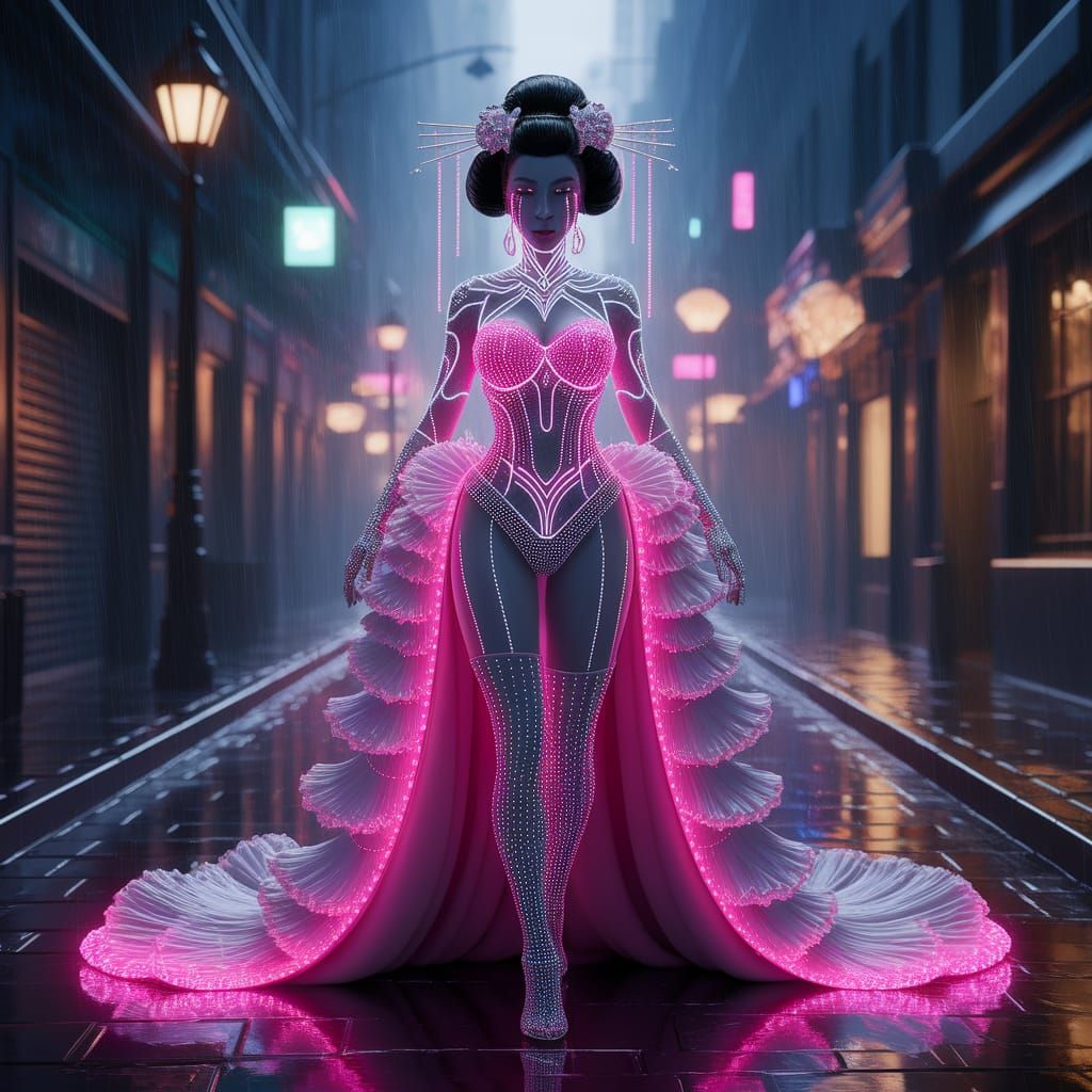 Cyborg Geisha Weeping in Neon Alleyway