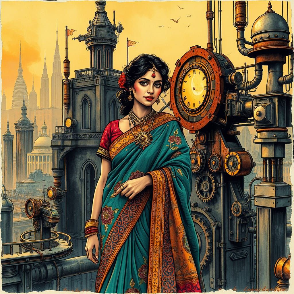 Steampunk Indian Goddess in Vibrant, Hand-Drawn Sari