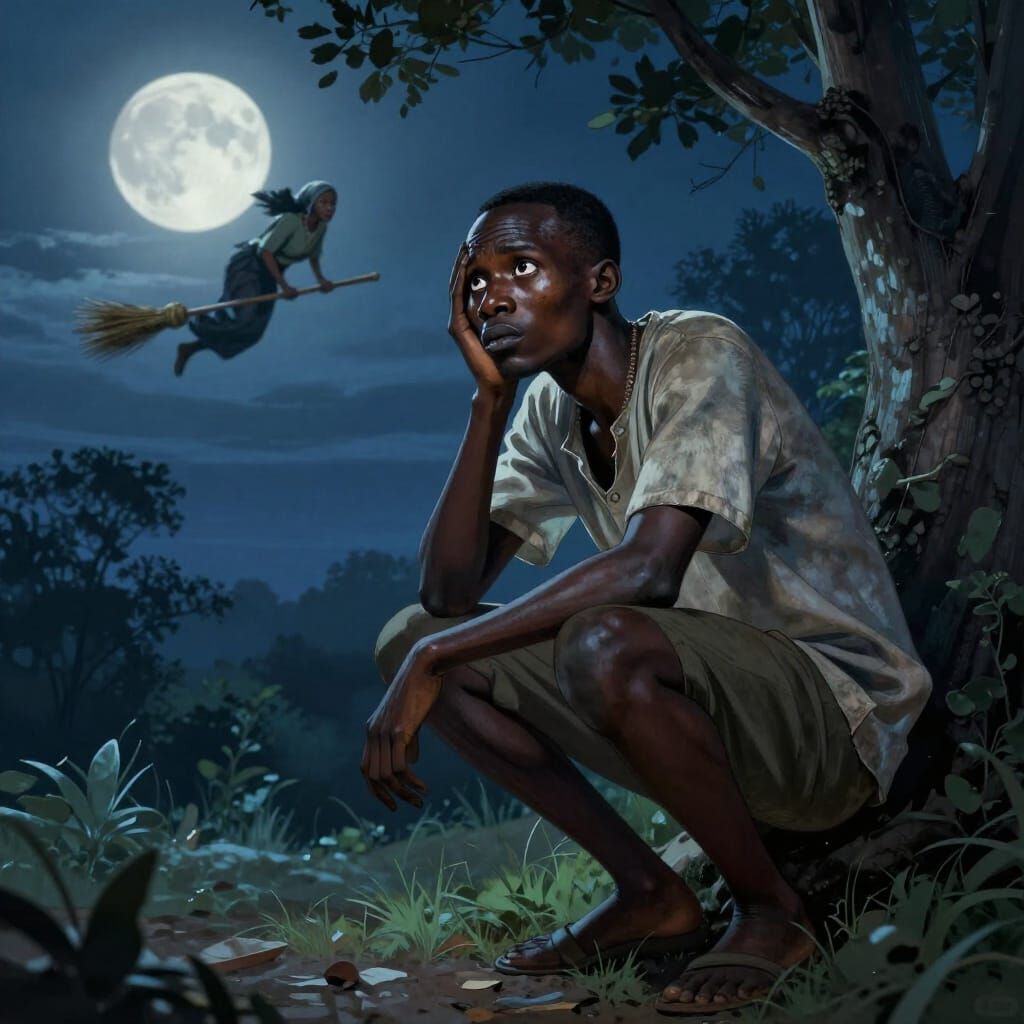 African Man Hiding in Moonlit Forest, Watching Witch Fly