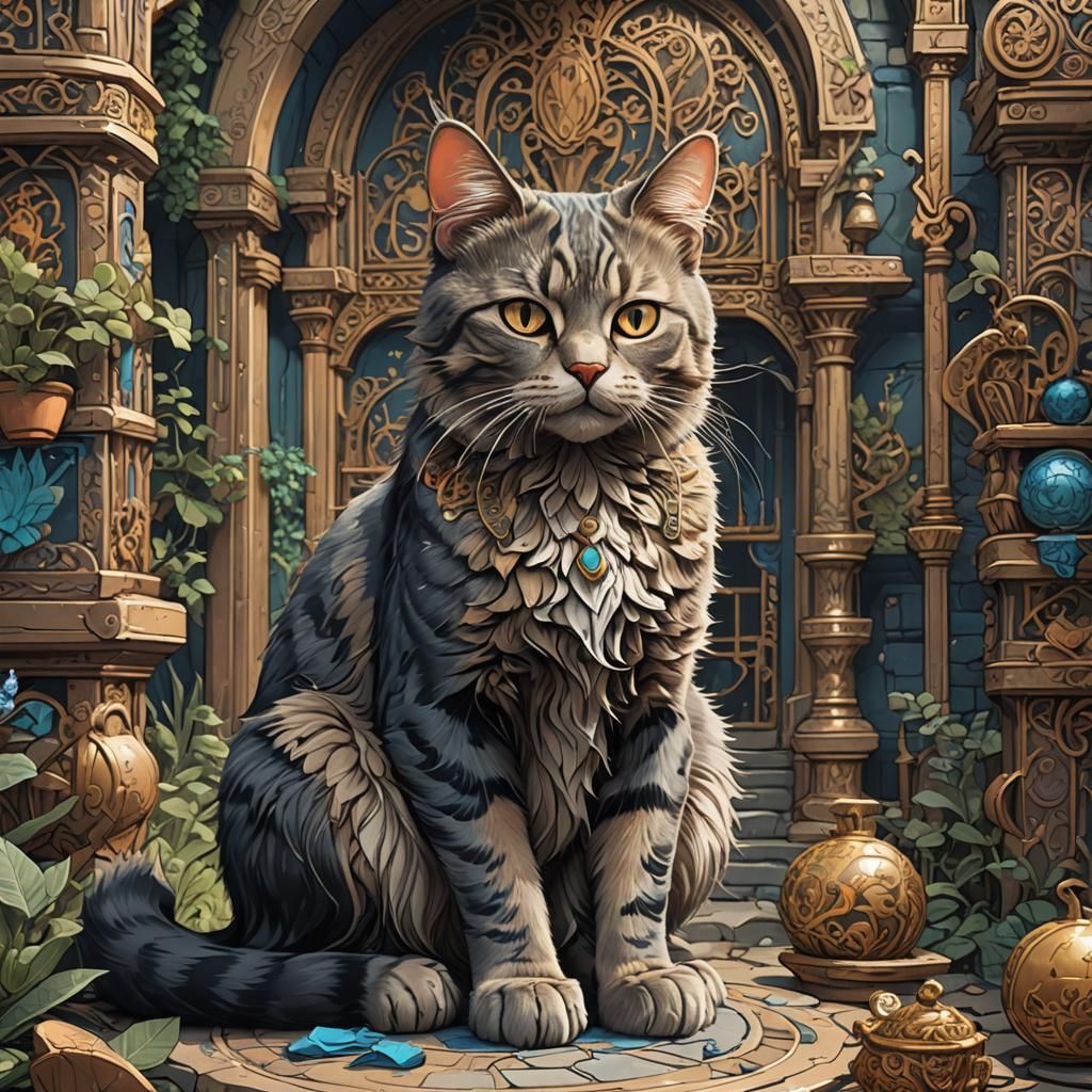 Detailed Cat Line Drawing in Fantasy Art Style