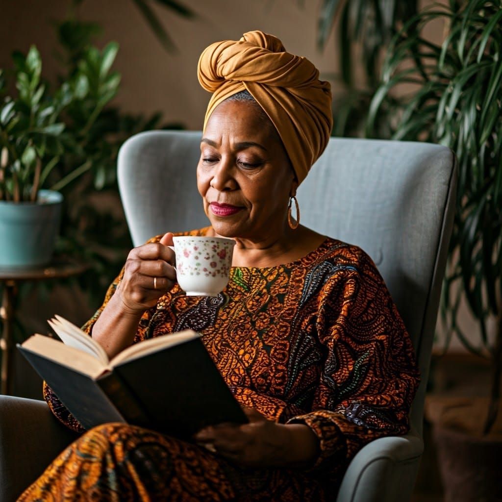 Elegant Elderly Woman Reads in Nature