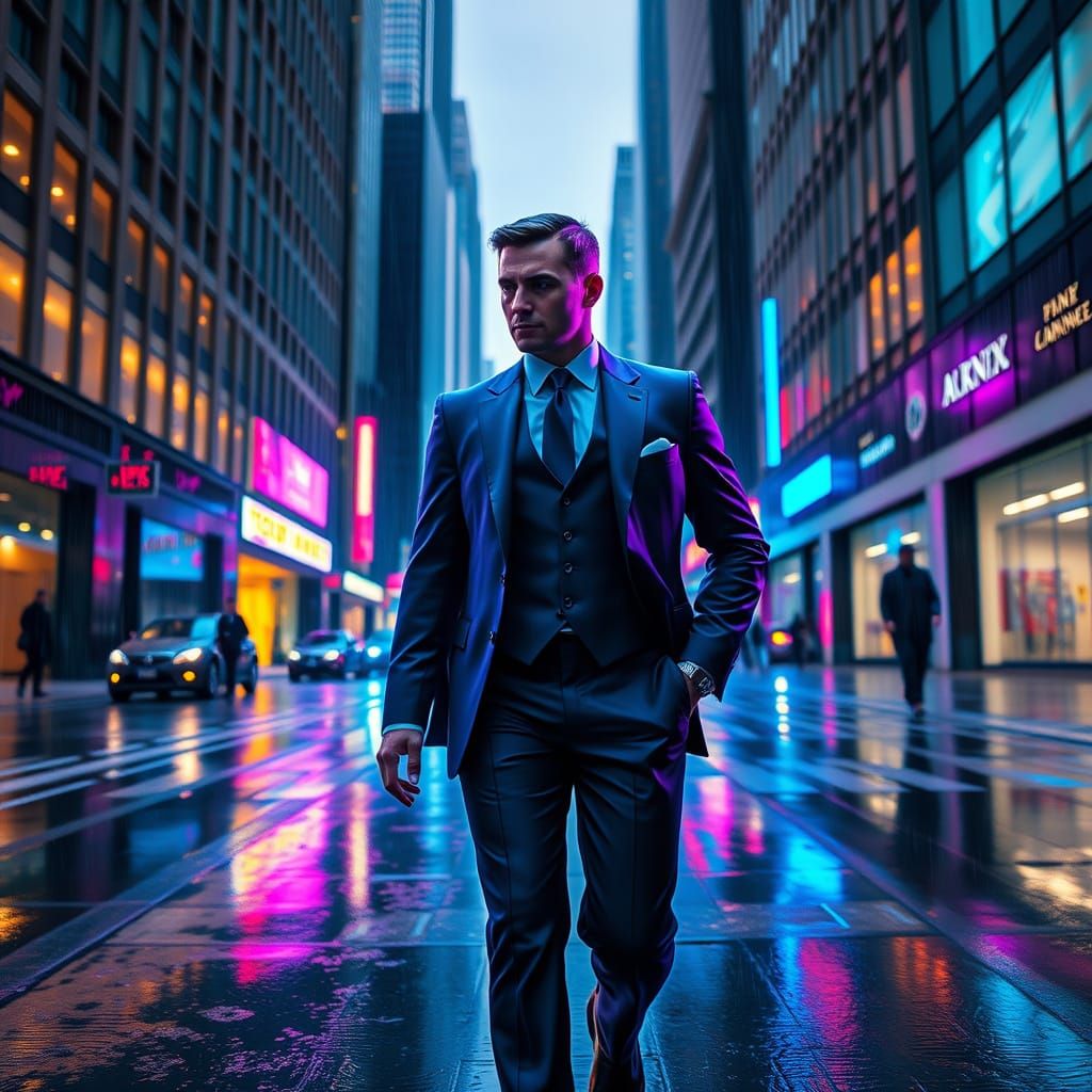 Futuristic Businessman Illuminated by Neon Lights on a Rainy...
