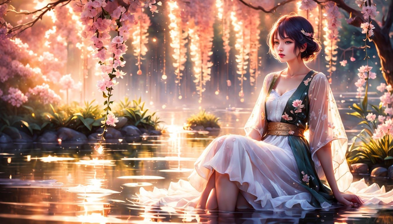 Anime Woman at Koi Pond in Japanese Watercolor