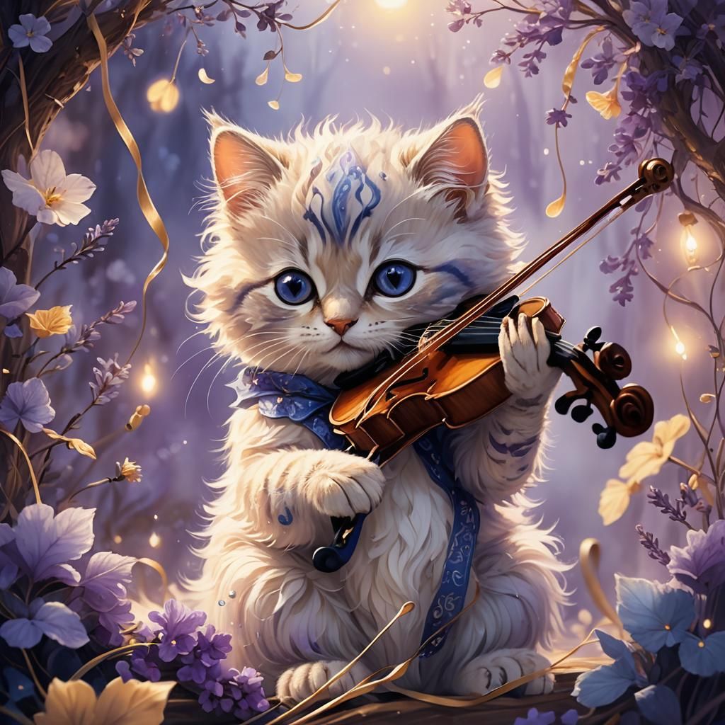 Cute Kitten Plays Viola in Whimsical Fantasy Art