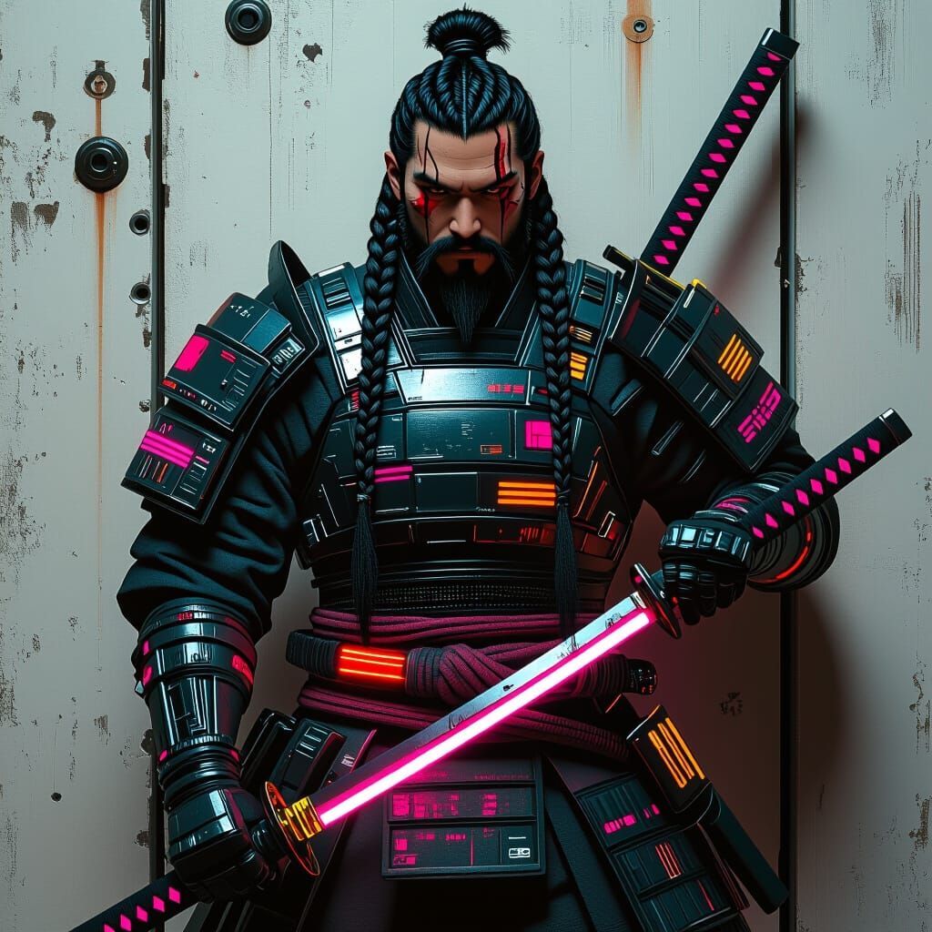 Cyberpunk Samurai Leaning on Katana as Digital Art