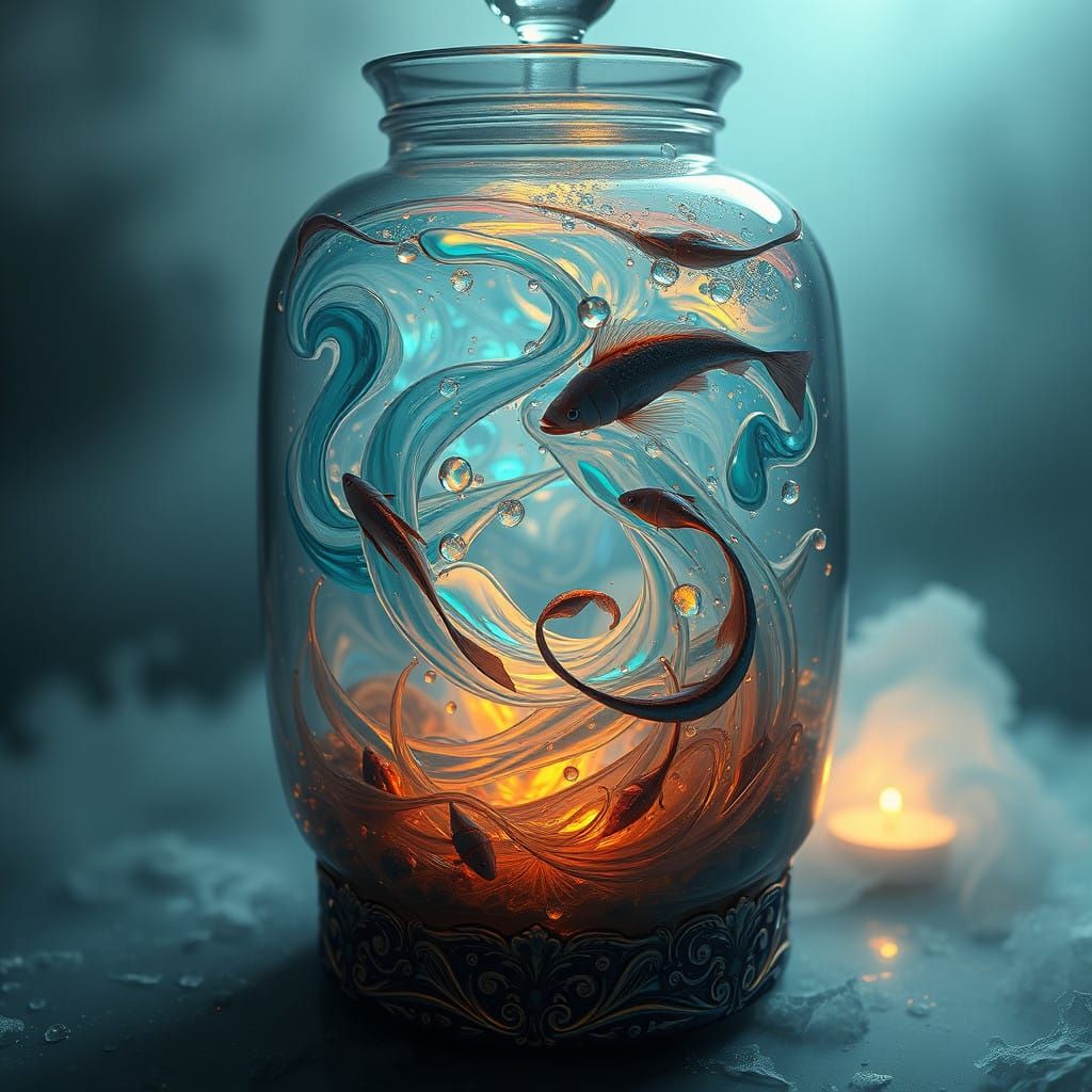 Dreamlike Oceanic Scene in an Antique Glass Jar