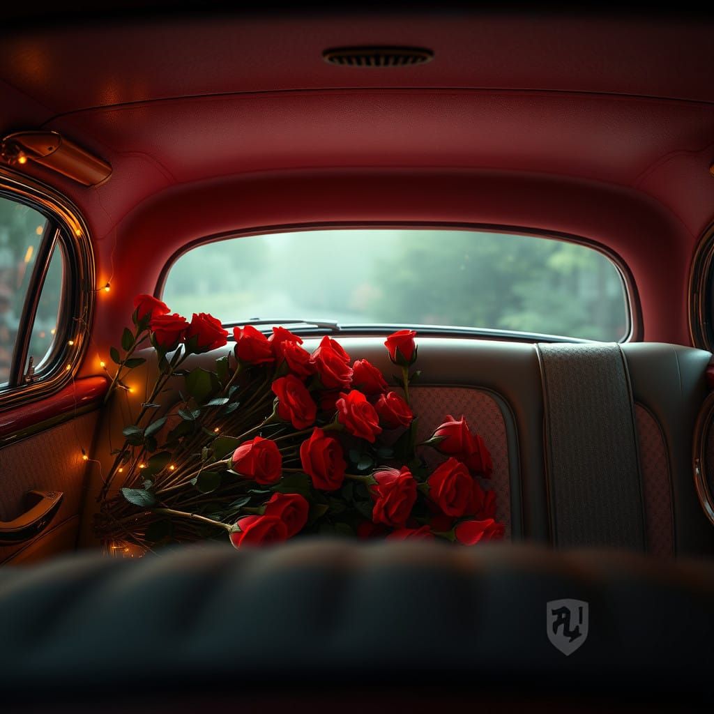 Vintage Luxury Car Interior with Red Roses and Golden Lights