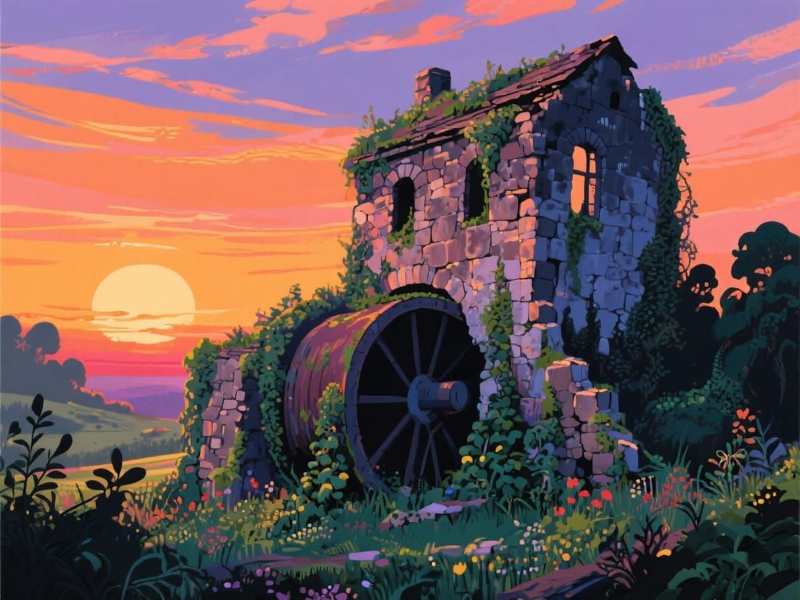 Mid-Century Pop Art Sunset Over Ruined Stone Mill