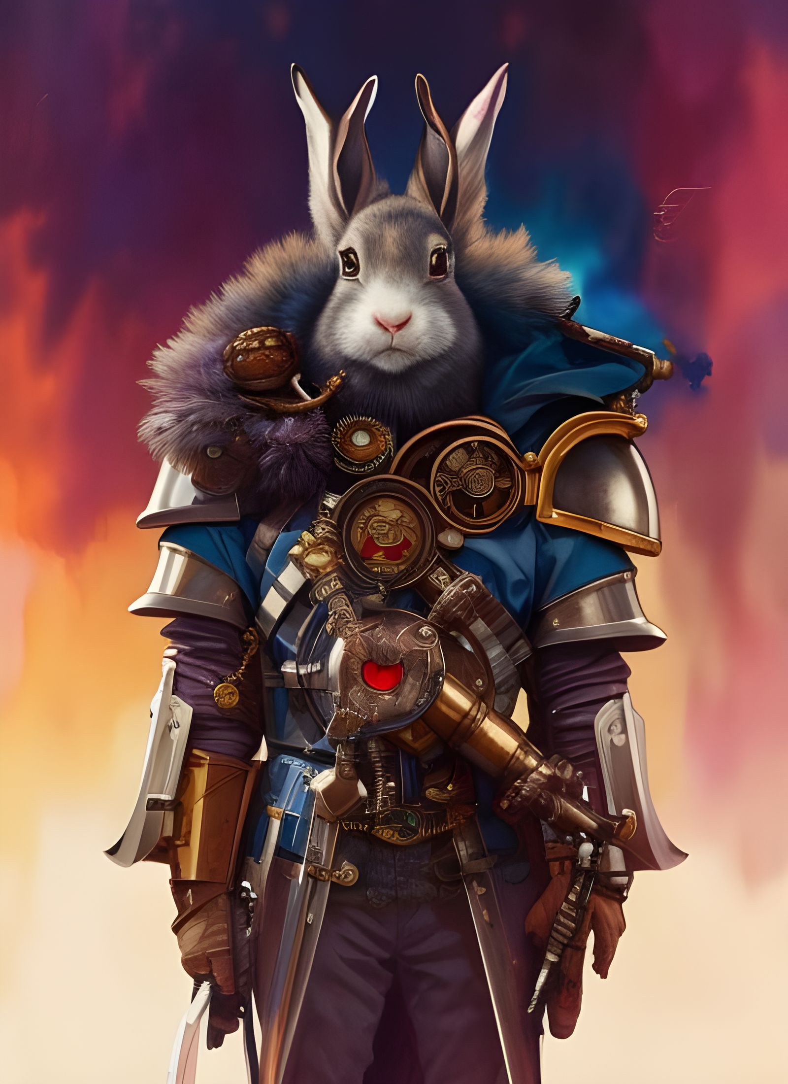 Steampunk Rabbit Knight Portrait in Watercolor Style