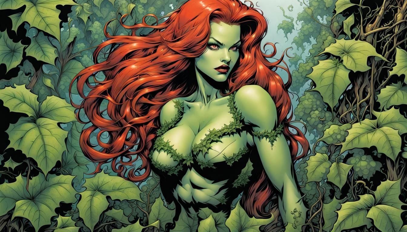 Poison Ivy surrounded by plants and vines. Angry and aggressive.