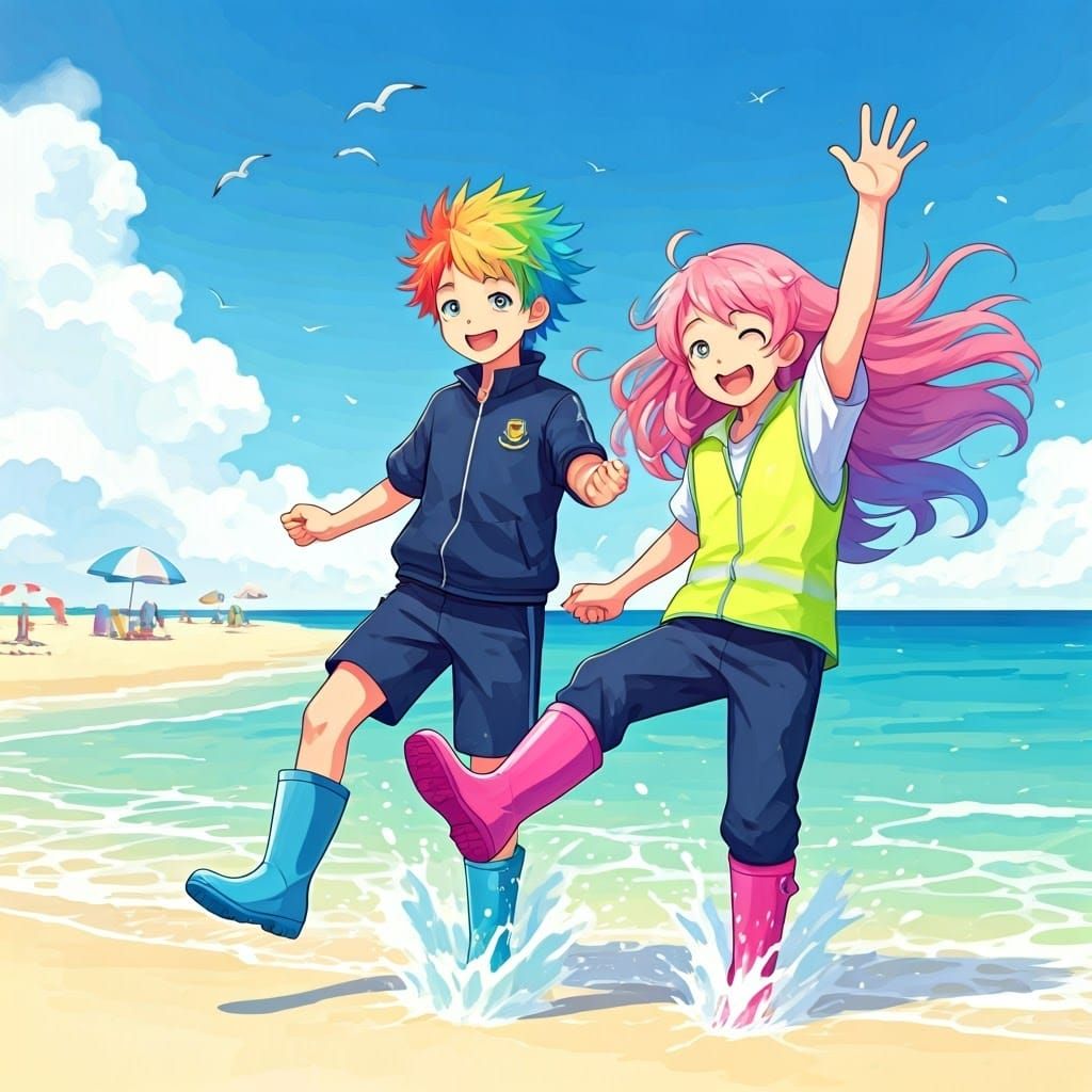 Boys on Beach Trip in Whimsical Illustration Style