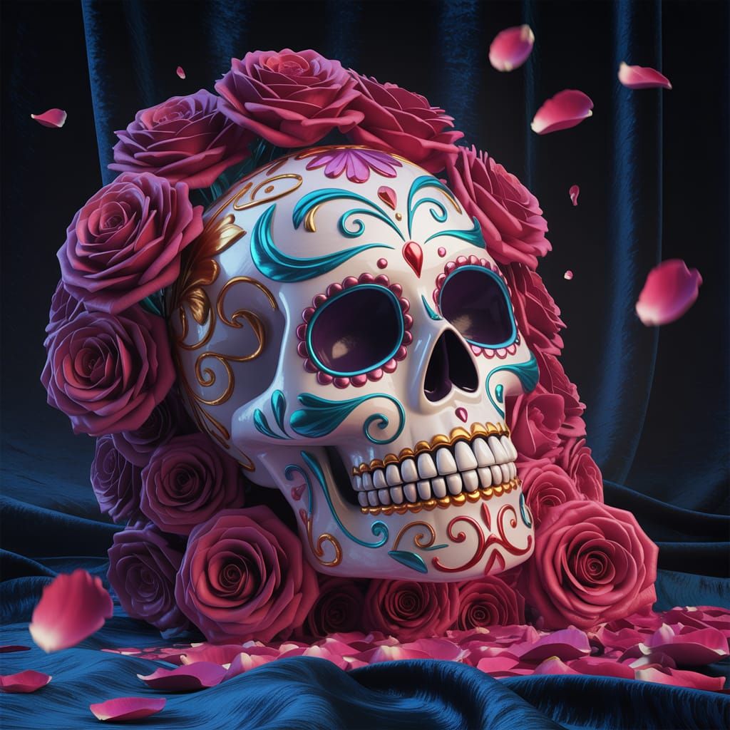 Vibrant Sugar Skull with Crimson Roses Digital Painting