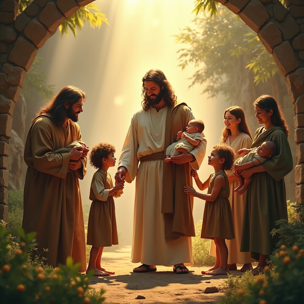 Tender Family Presents Children to Jesus in Golden Light