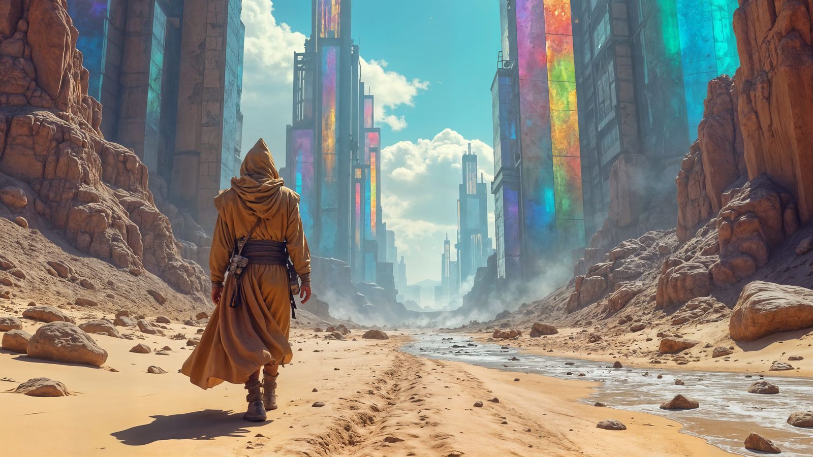 Cybernetic Desert Crystal City Shimmers with Rainbow Light