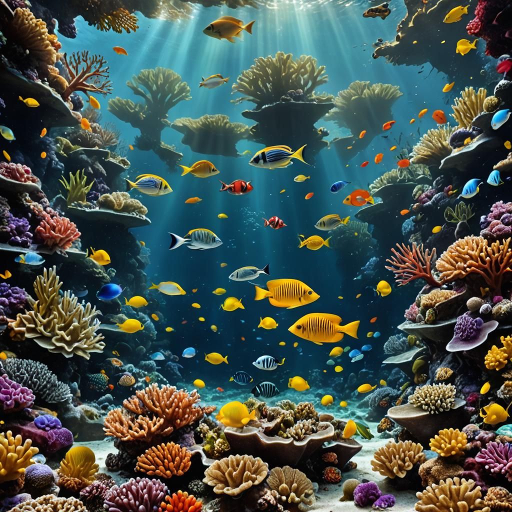 Underwater Seascape with Coral Reef and Exotic Fish