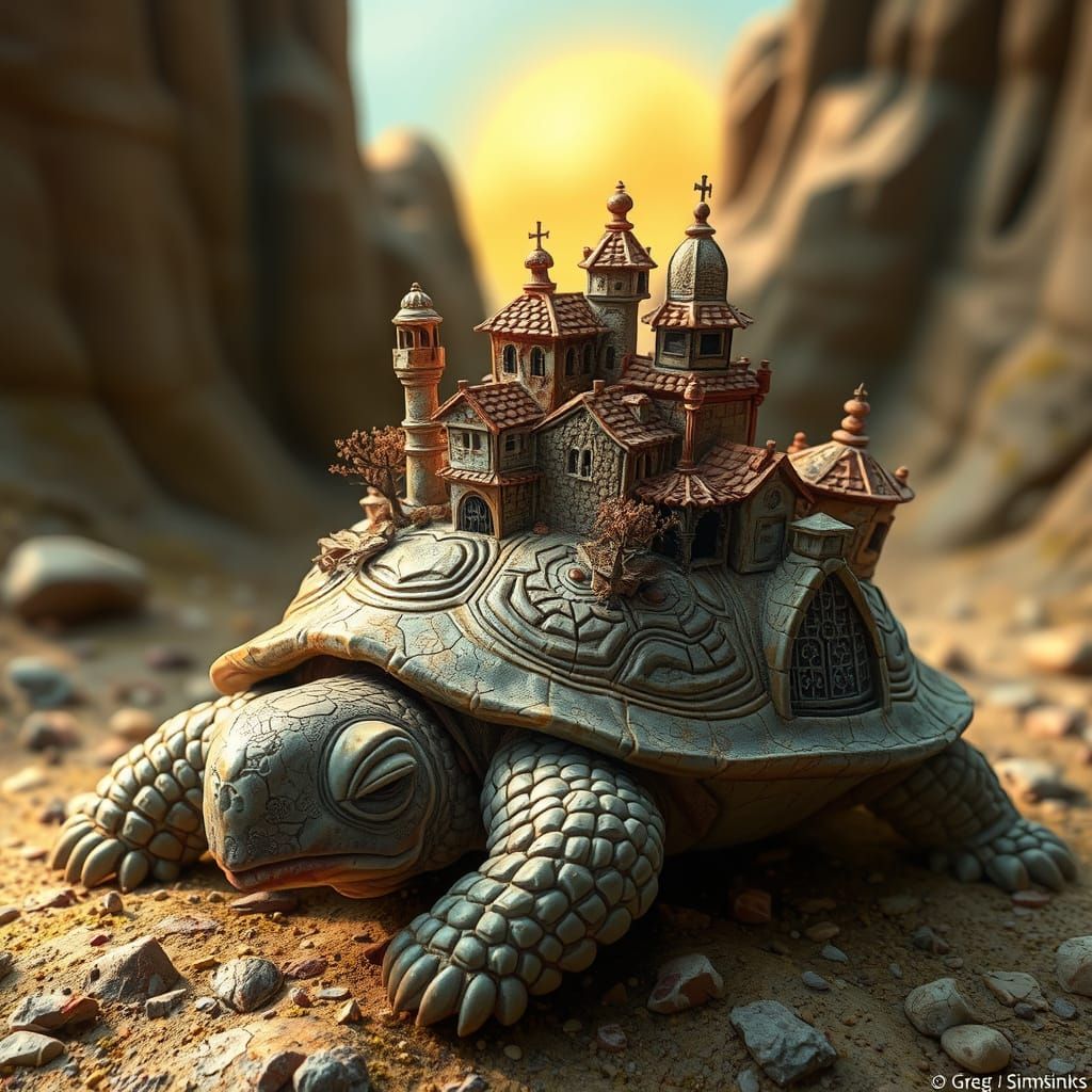 ancient, sleepy turtle carrying a miniature village on its s...