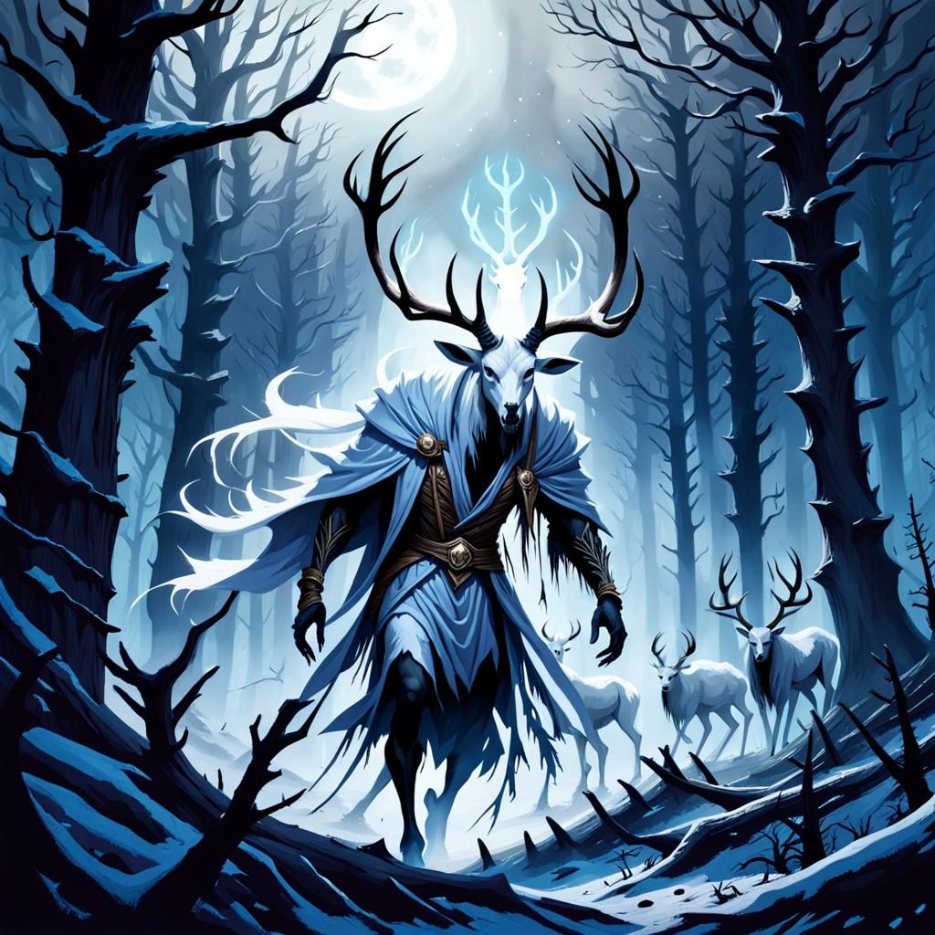 Ghostly White Antelope Necromancer in Dead Forest