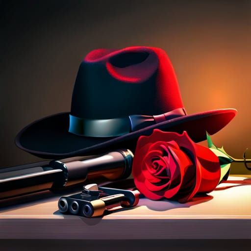 Noir Table Still Life with Hat, Rose and Toy