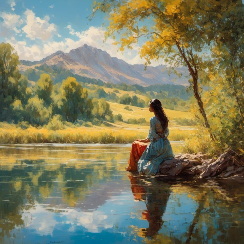 Woman by Lake: Impressionist Landscape Painting