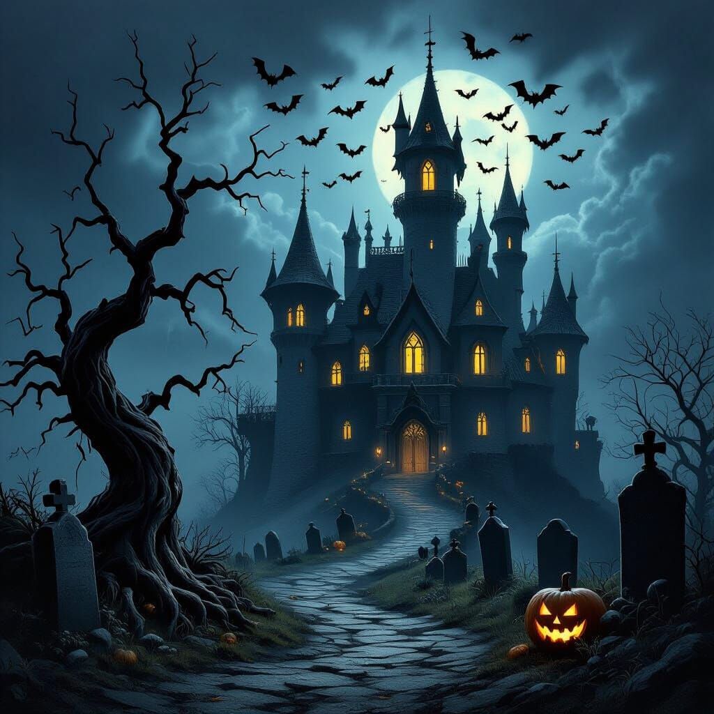 Eerie Gothic Castle Under Stormy Skies with Bats and Tombsto...