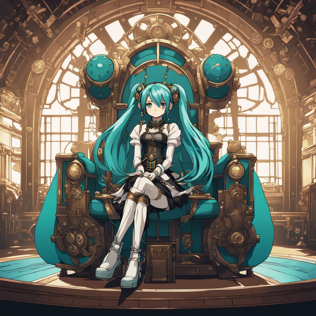 Steampunk Princess in Retro-Futuristic Throne