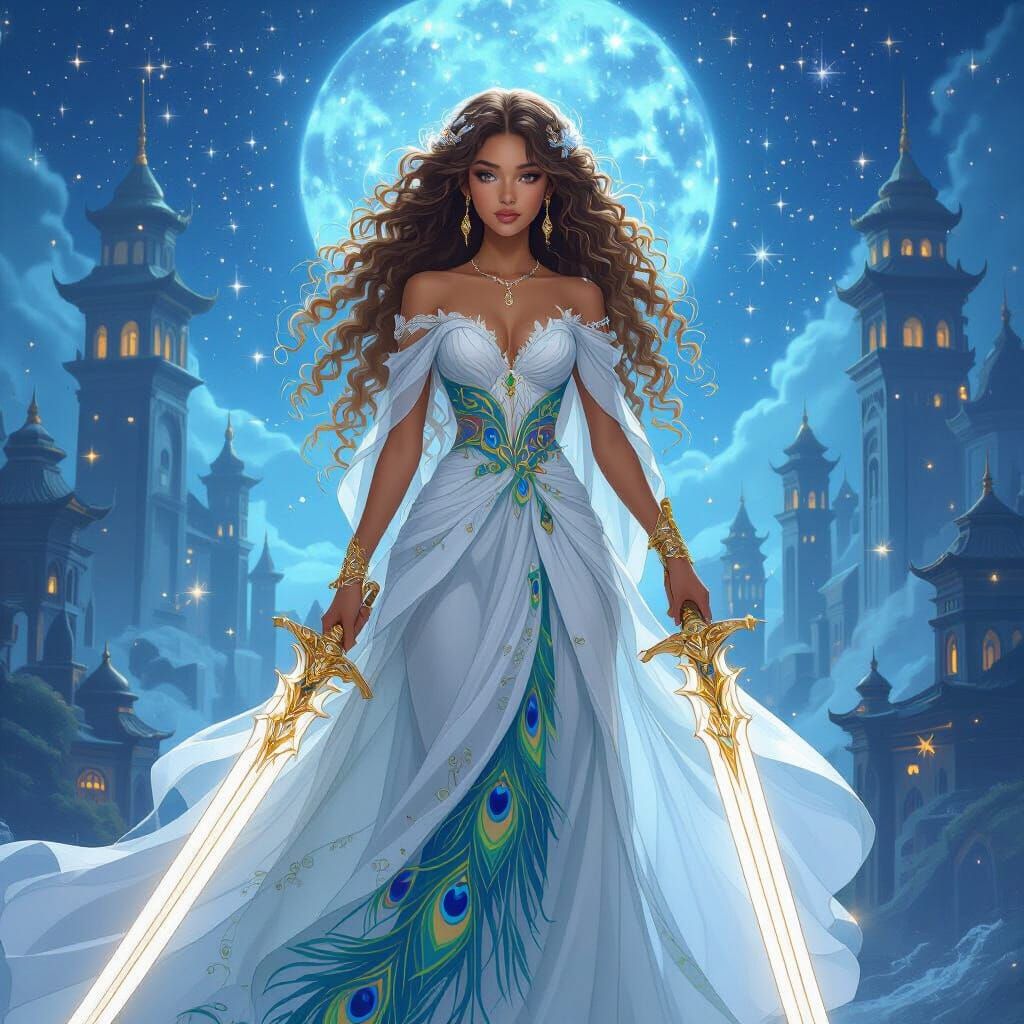 Fantasy Woman with Sword in Ethereal Landscape