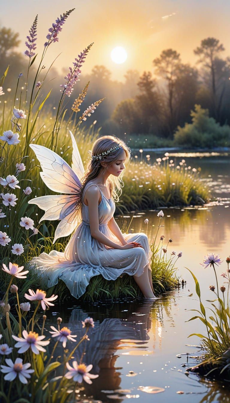 Wistful Fairy in Dreamy Watercolor Landscape