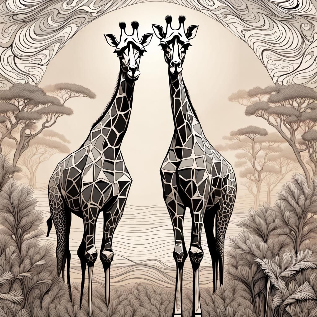 Giraffes in Pampas: Neo-Primitivism Line Art