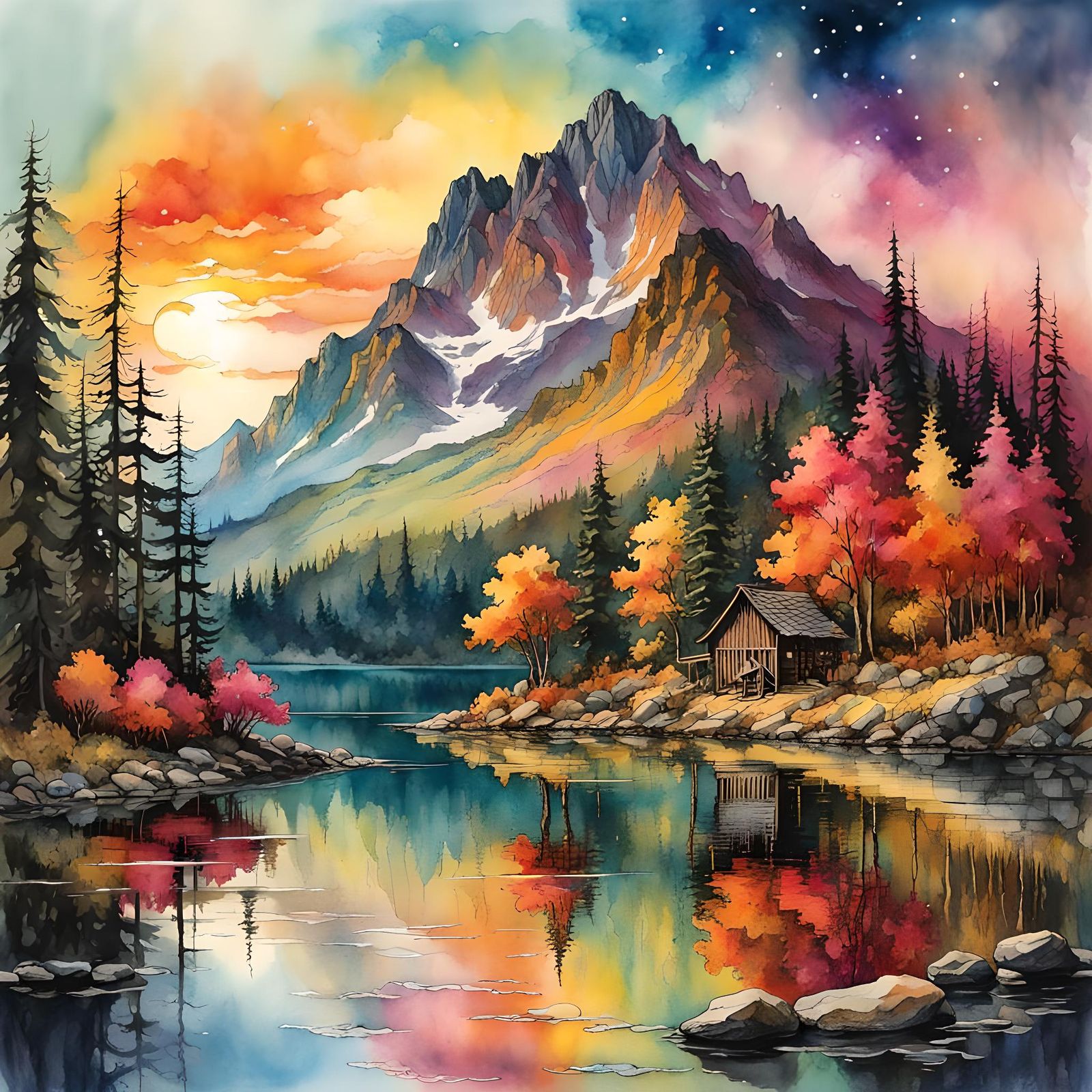 Mountain Lake Reflections in Ink and Watercolor