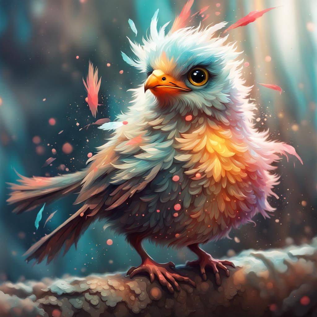Adorable Fluffy Bird in Mixed Media Style