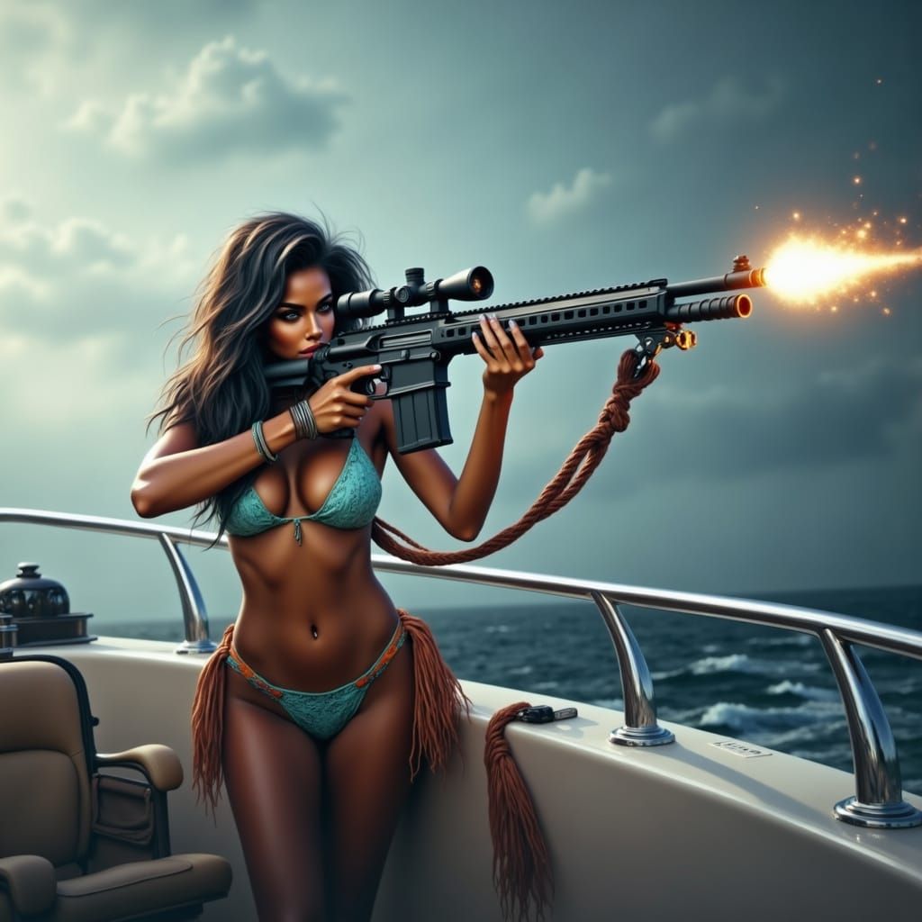 Woman Firing Sniper Rifle on Yacht in Golden Hour