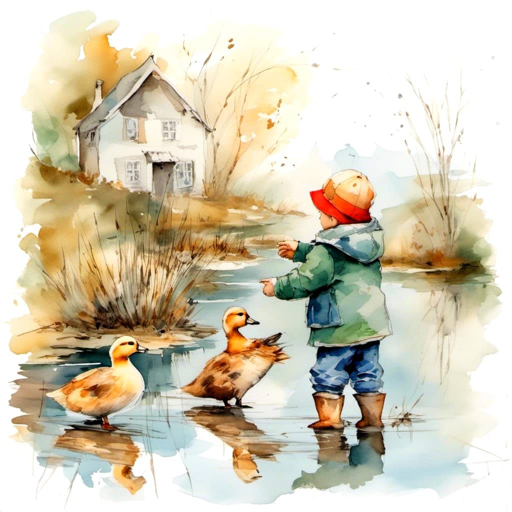 Boy Feeding Ducks in Watercolor Style