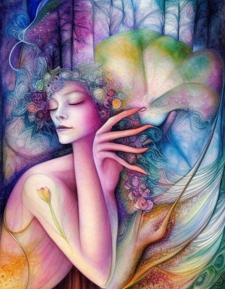 Dragonfly-Human Hybrid in Mycelium Network, Watercolor Art