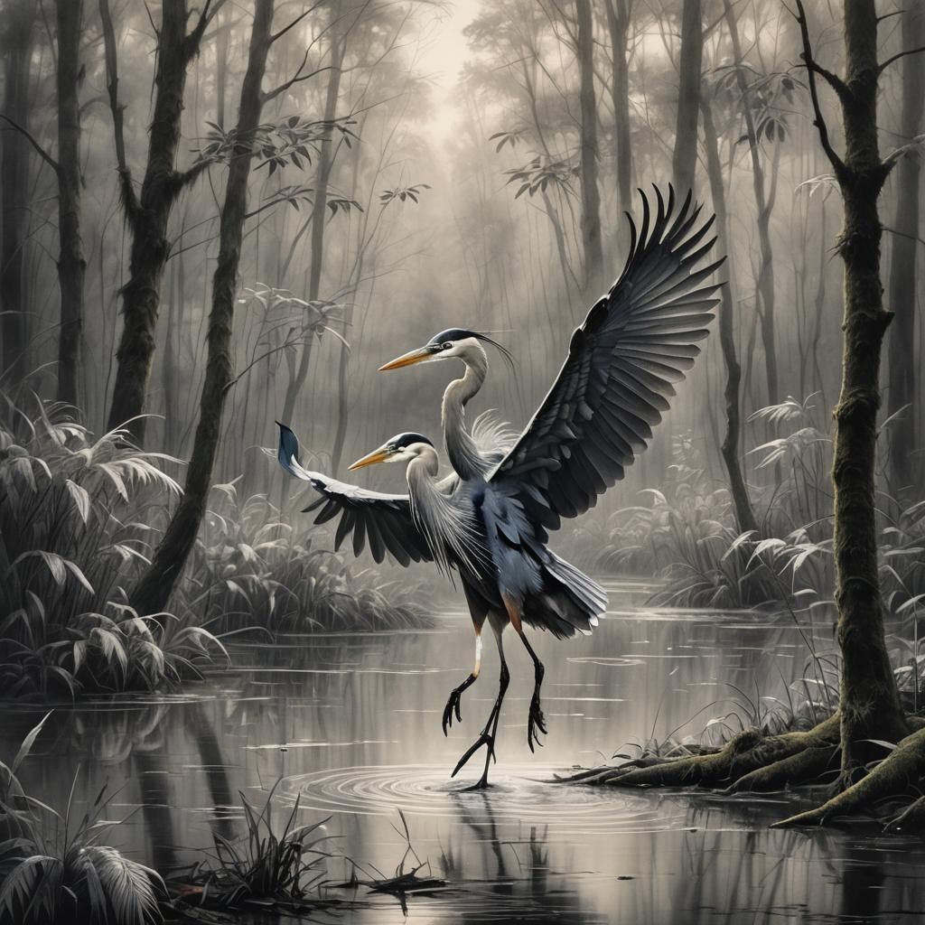 Mystical Heron Journey in Misty Forest, Charcoal Art