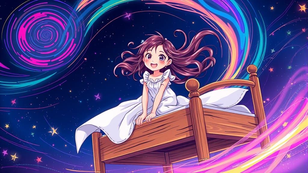 Girl's Bed Flies Through Starry Cosmos
