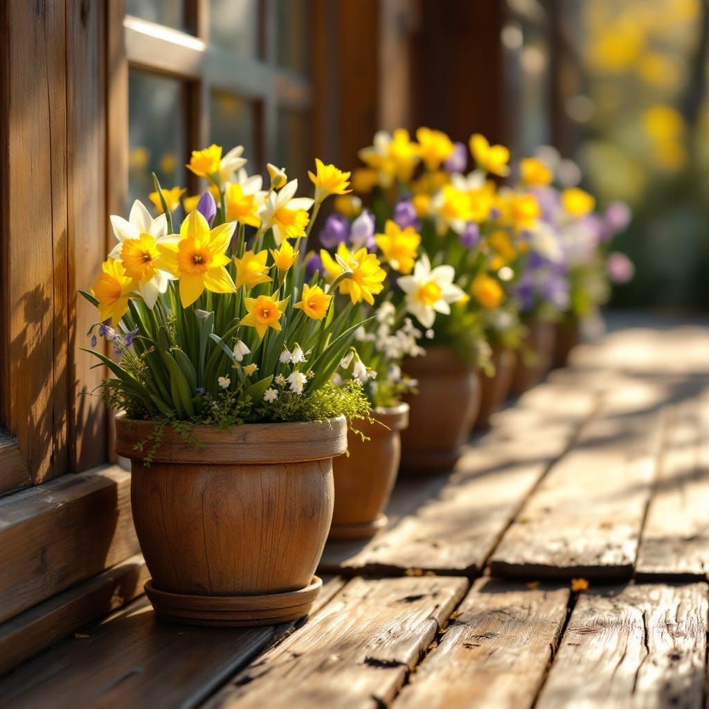 Flowerpots in a row on the edge of wooden terrace. The pots are full of daffodils, muscari, crocus, snowdrops and other ...