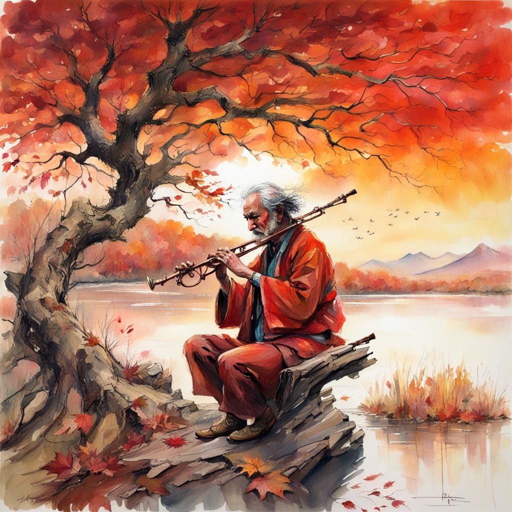 Musician's Sunset Serenade: Japanese-Inspired River Scene