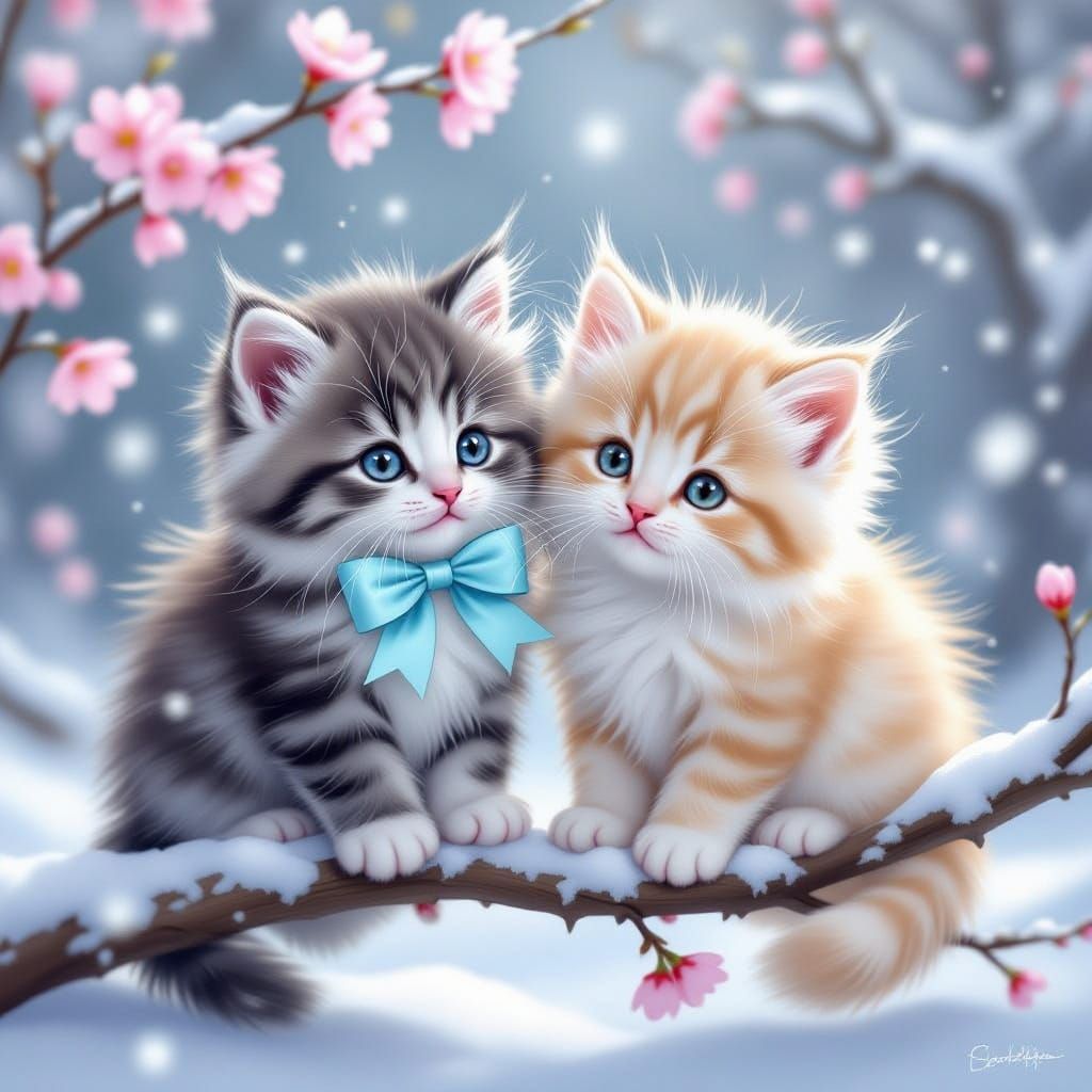 Fluffy Kittens on Snowy Branch with Cherry Blossoms
